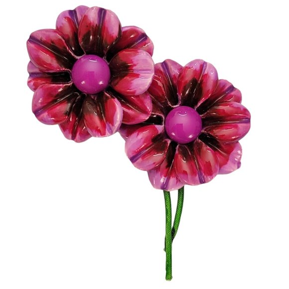 Pink Purple Plastic Daisy Flower Duo, Green Metal Stem Pin Brooch E143 - Picture 1 of 10